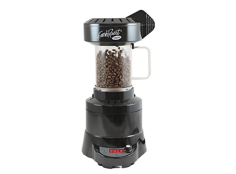 Fresh Roast SR800 home coffee roaster – compact fluid-bed roaster with glass chamber, digital knob control, and half-pound roasting capacity