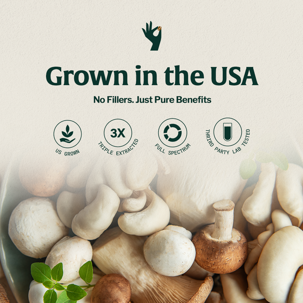 Assorted mushrooms with a text overlay about benefits and sourcing.
