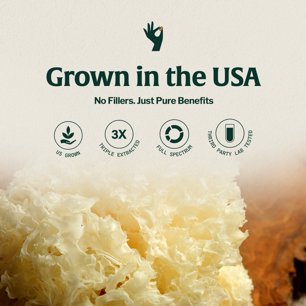 Text displaying 'Grown in the USA' with icons and descriptions emphasizing purity and lab testing.