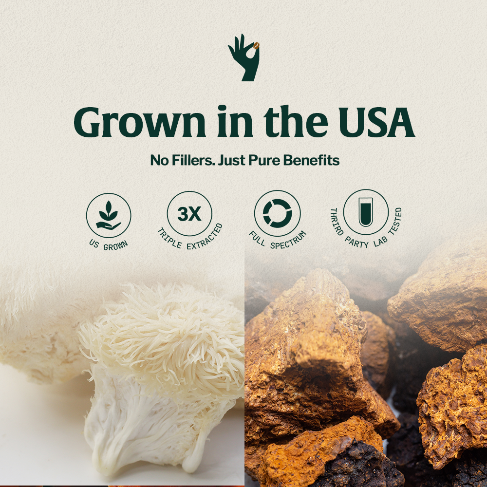 Mushrooms and natural ingredients labeled 'Grown in the USA' with benefits highlighted.