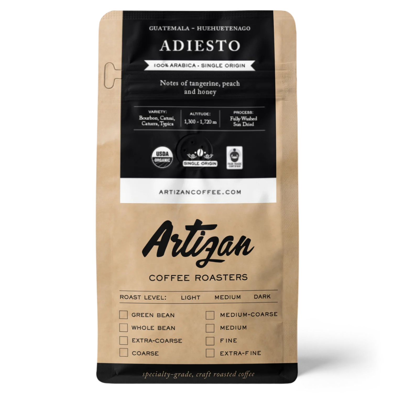 Bag of Artizan Coffee Roasters Adiesto coffee, showcasing notes of tangerine, peach, and honey.