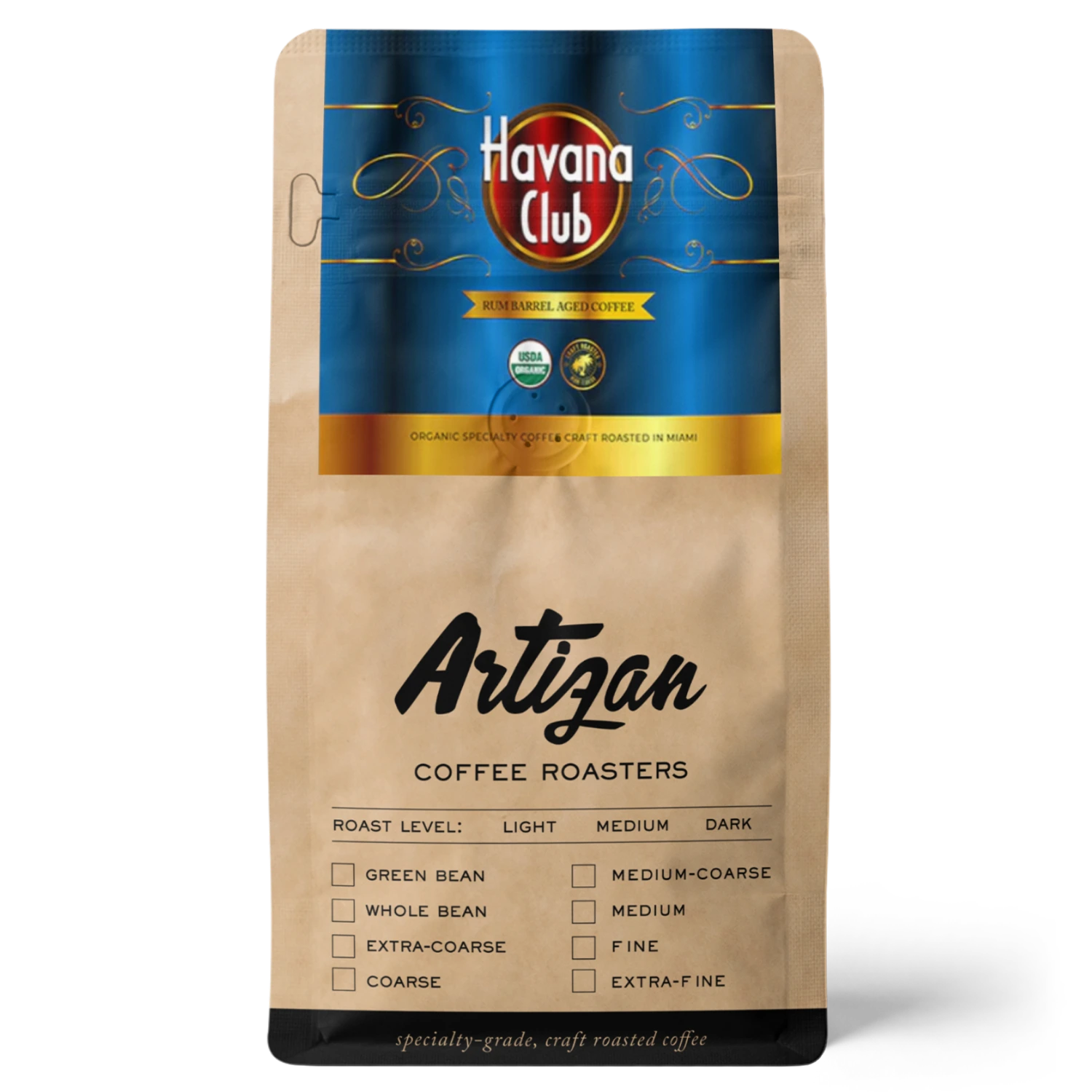 Coffee bag featuring Havana Club branding and roast level indicators.