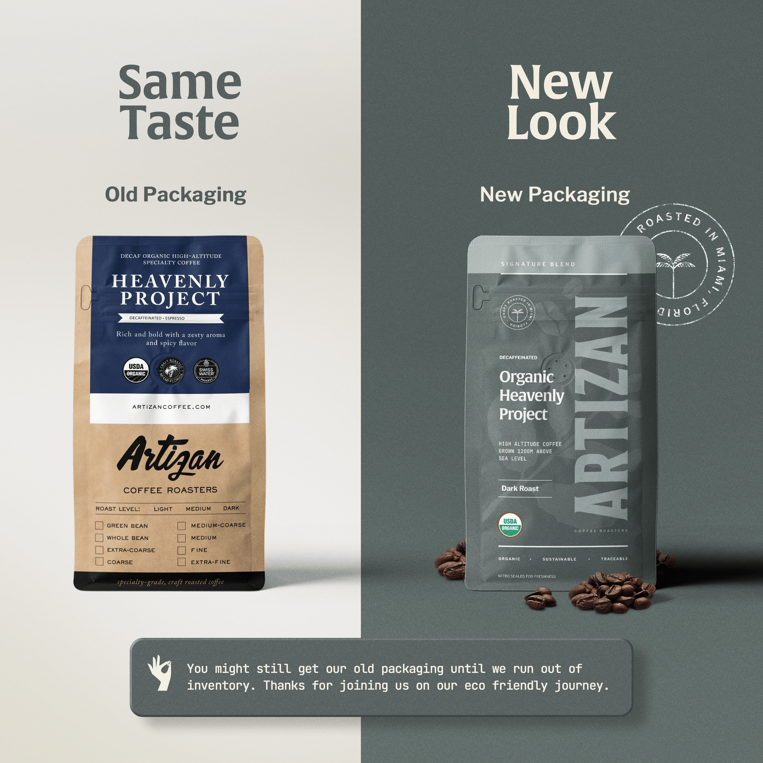 An Image Announcing that Organic Heavenly Project Whole Bean and Ground Coffee Bag has a New Packaging.