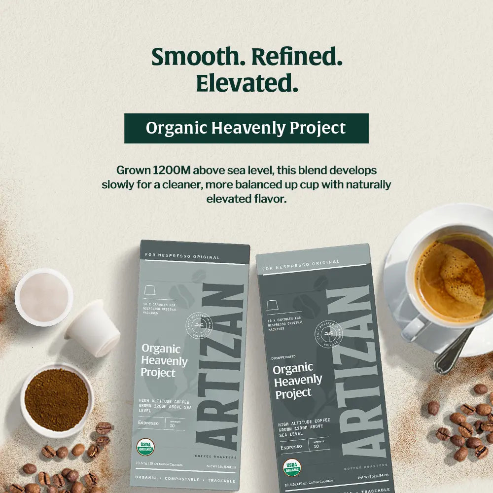 Artizan Coffee’s Organic Heavenly Project pods beside espresso, featuring smooth, refined flavor from high-altitude organic beans.