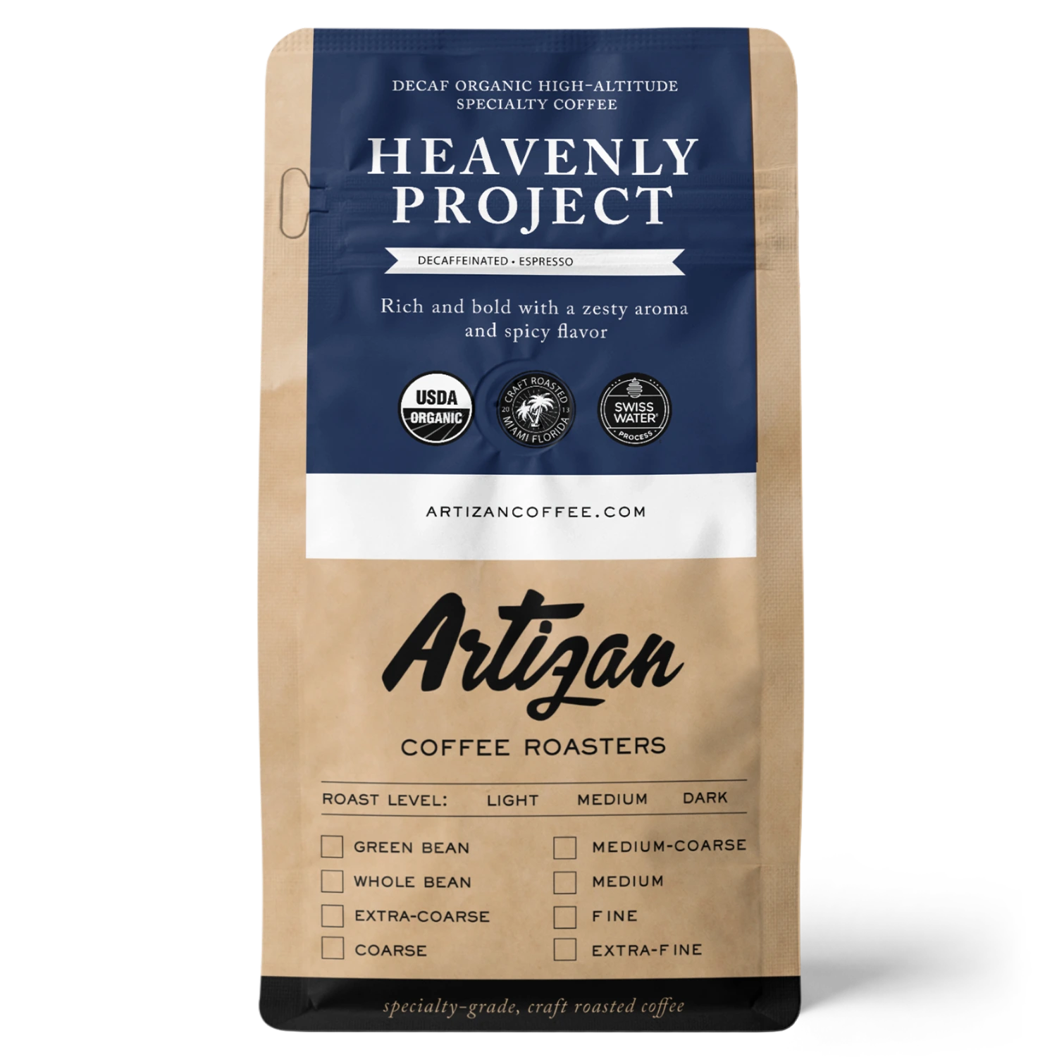 Bag of Decaf Organic High-Altitude Specialty Coffee named Heavenly Project by Artizan Coffee Roasters.