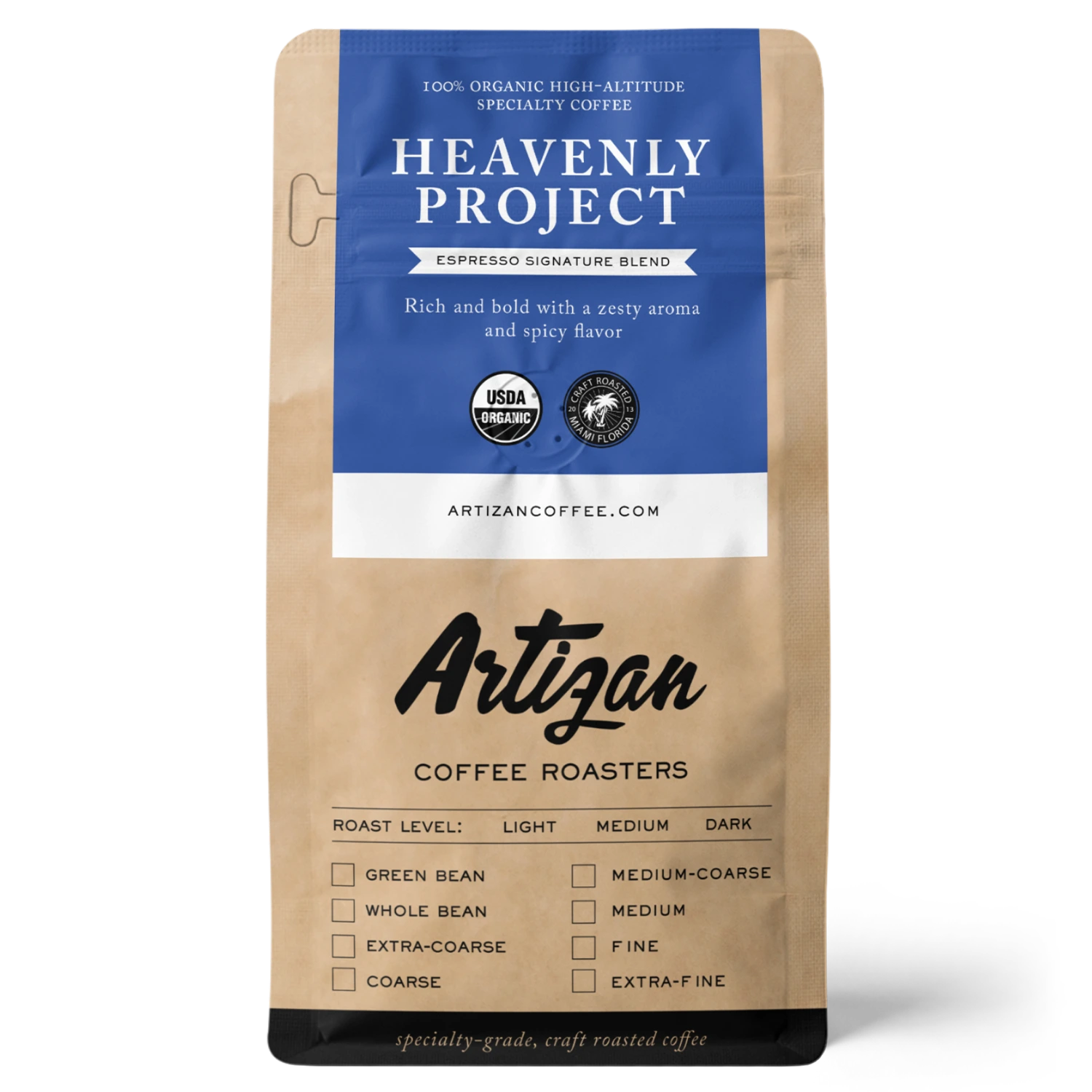 Bag of Artizan Coffee Roasters' Heavenly Project espresso blend, featuring a rich and bold flavor profile.