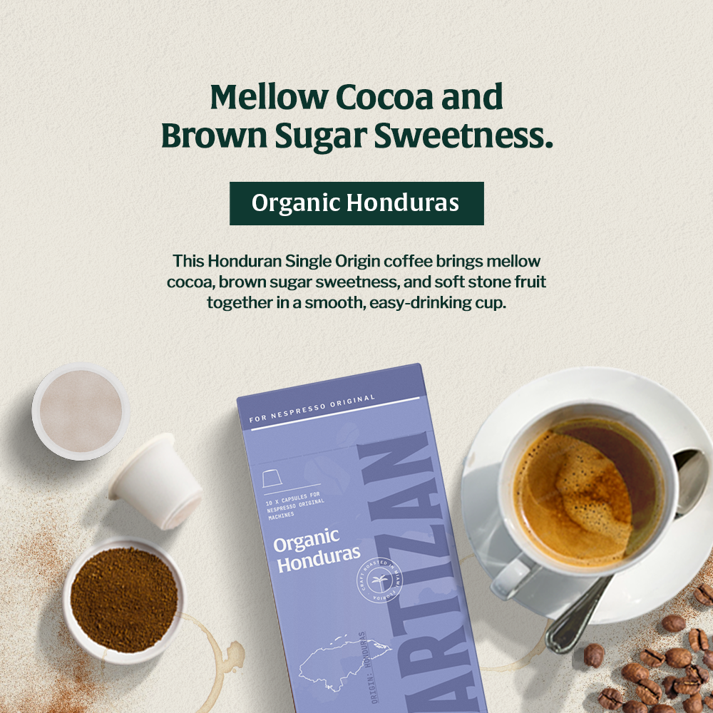 Organic Honduras Coffee – Single Origin with cocoa, brown sugar, and stone fruit notes. Smooth and easy-drinking.