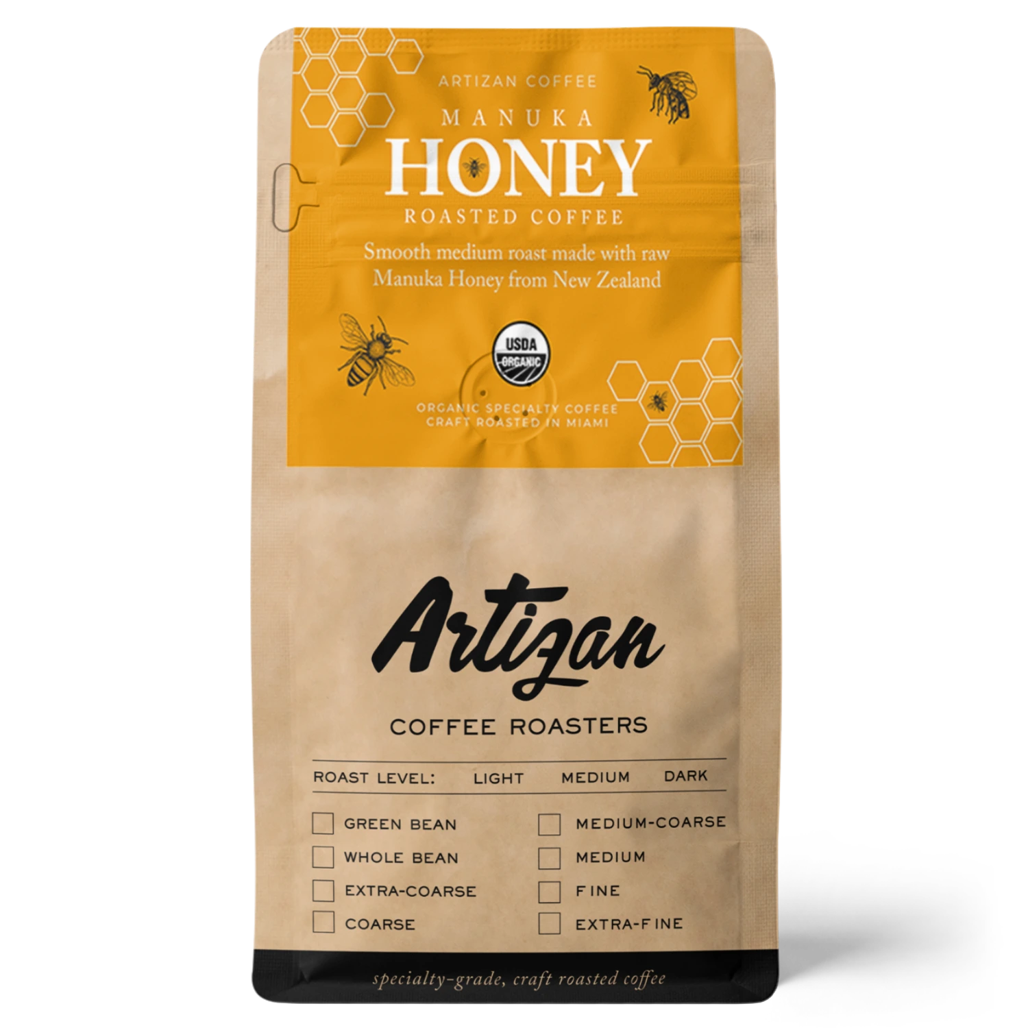 Packaging for Artizan Coffee Roasters' Manuka Honey Roasted Coffee, featuring a honeycomb design and coffee roast levels.