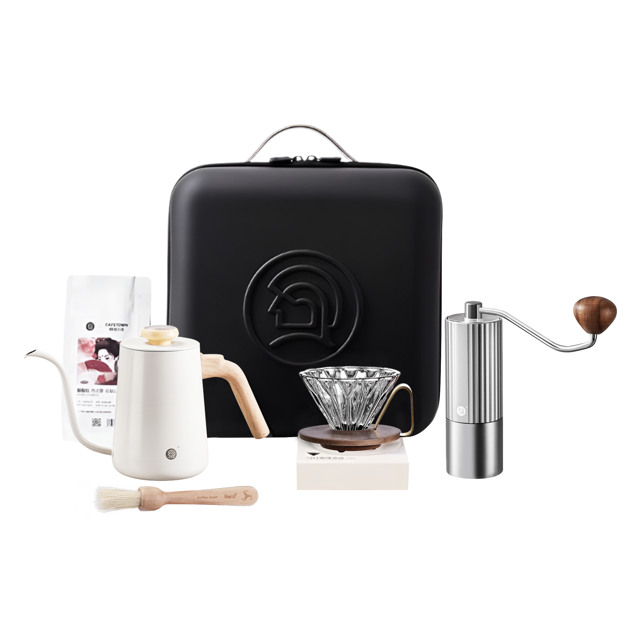 Artizan pour-over coffee brewing kit featuring a gooseneck kettle, manual coffee grinder, glass dripper with wooden base, cleaning brush, coffee beans, and a black carrying case on a dark background.