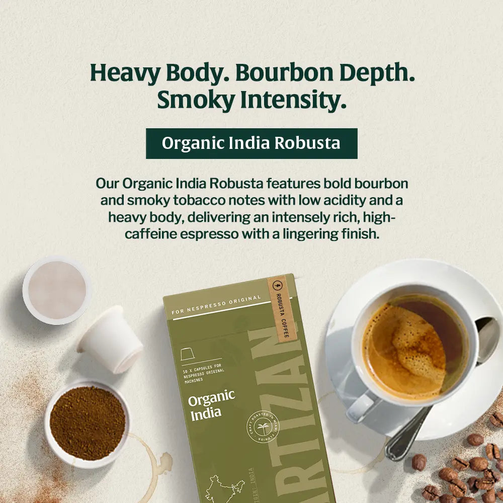 Artizan Coffee Organic India Robusta espresso pods with brewed espresso and ground coffee.