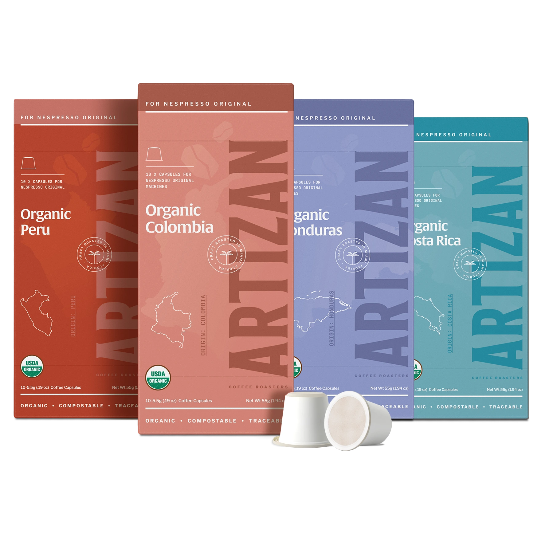 Artizan organic coffee pods for Nespresso Original machines. Four varieties of compostable, fair-trade coffee capsules: Peru, Colombia, Honduras, and Costa Rica.
