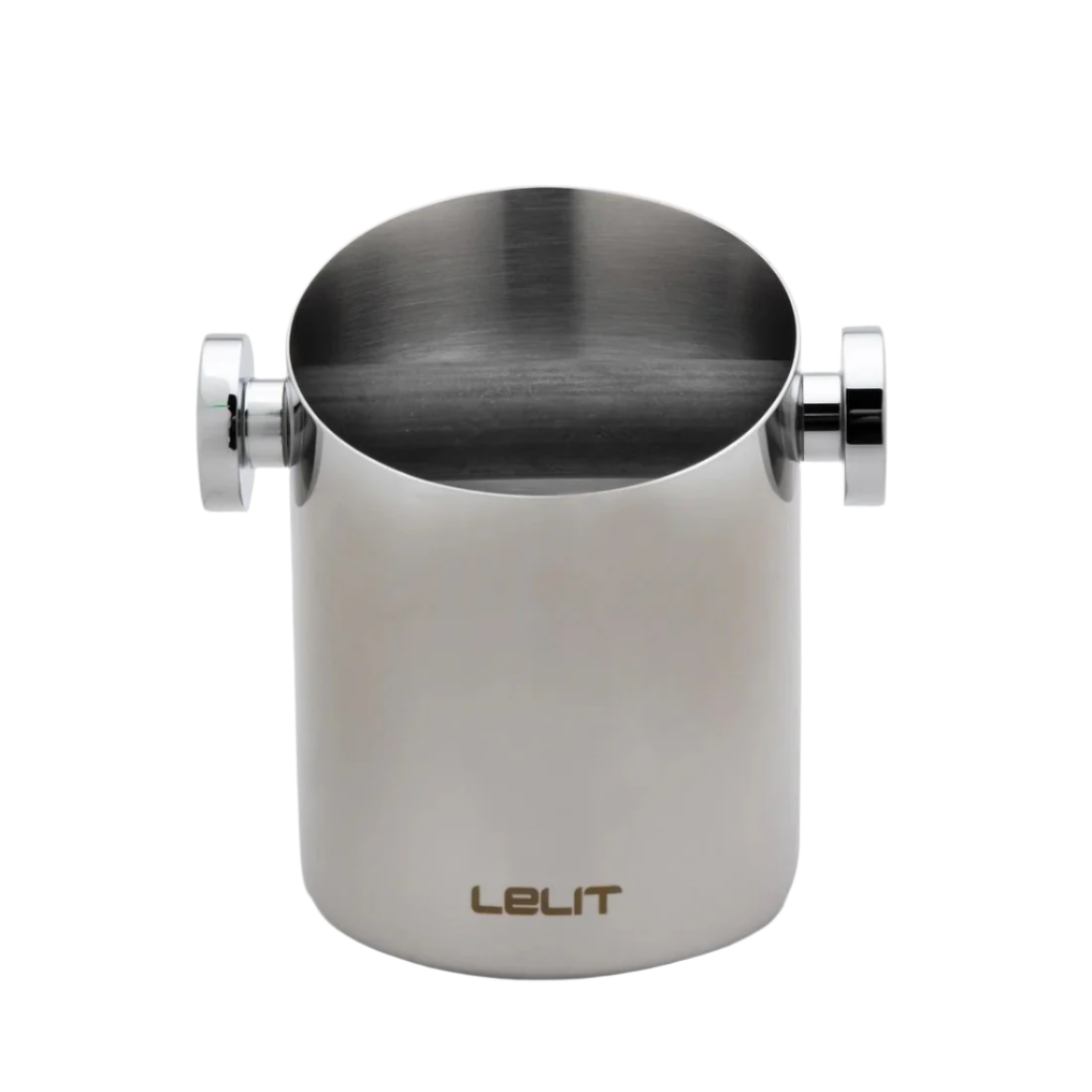 Close-up of Lelit cylindrical knock box alone without accessories, featuring smooth brushed stainless steel body