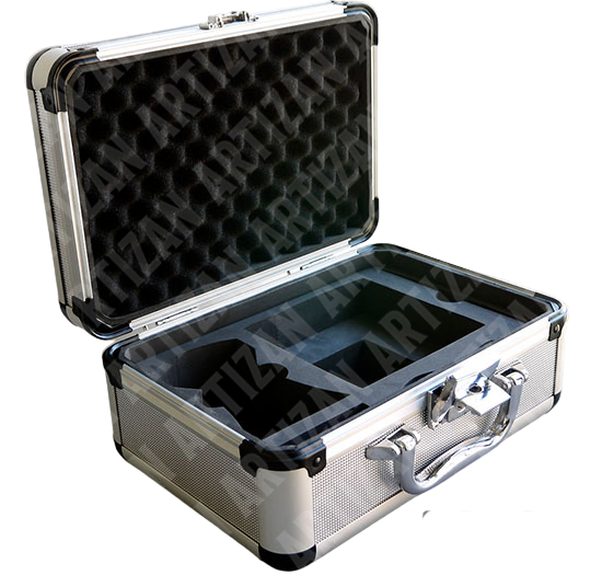 Lighttells CM-100 Aluminum Hard Case open — interior view showing custom-cut foam compartments for the CM-100 analyzer and accessories
