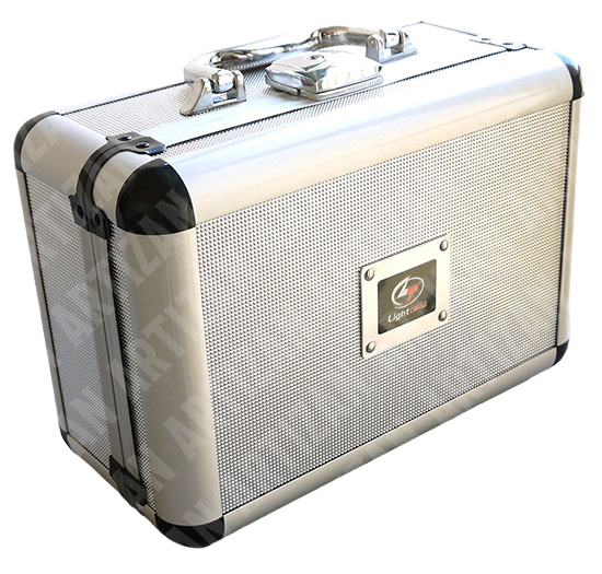 Lighttells CM-100 Aluminum Hard Case closed — silver exterior with foam lining, designed to protect the CM-100 Coffee Roast Colour Analyzer