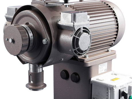 Side view of Mahlkönig DK27 industrial coffee grinder highlighting large motor, cooling fan, and grind adjustment features.