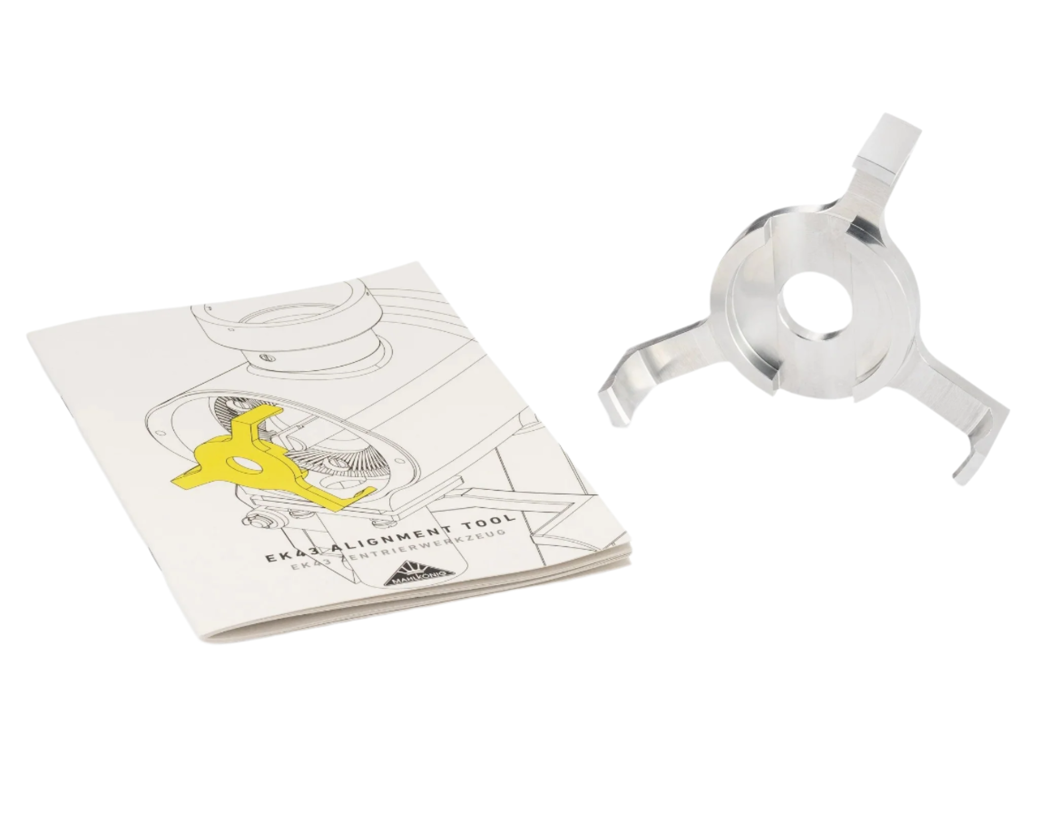 An image of Mahlkonig EK43 Burr Alignment Tool with a manual book