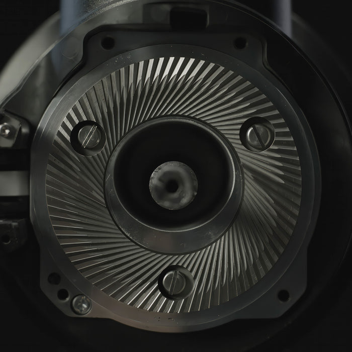 Closer look of Mahlkönig EK43 Omnia Coffee Grinder showing its grinder burrs