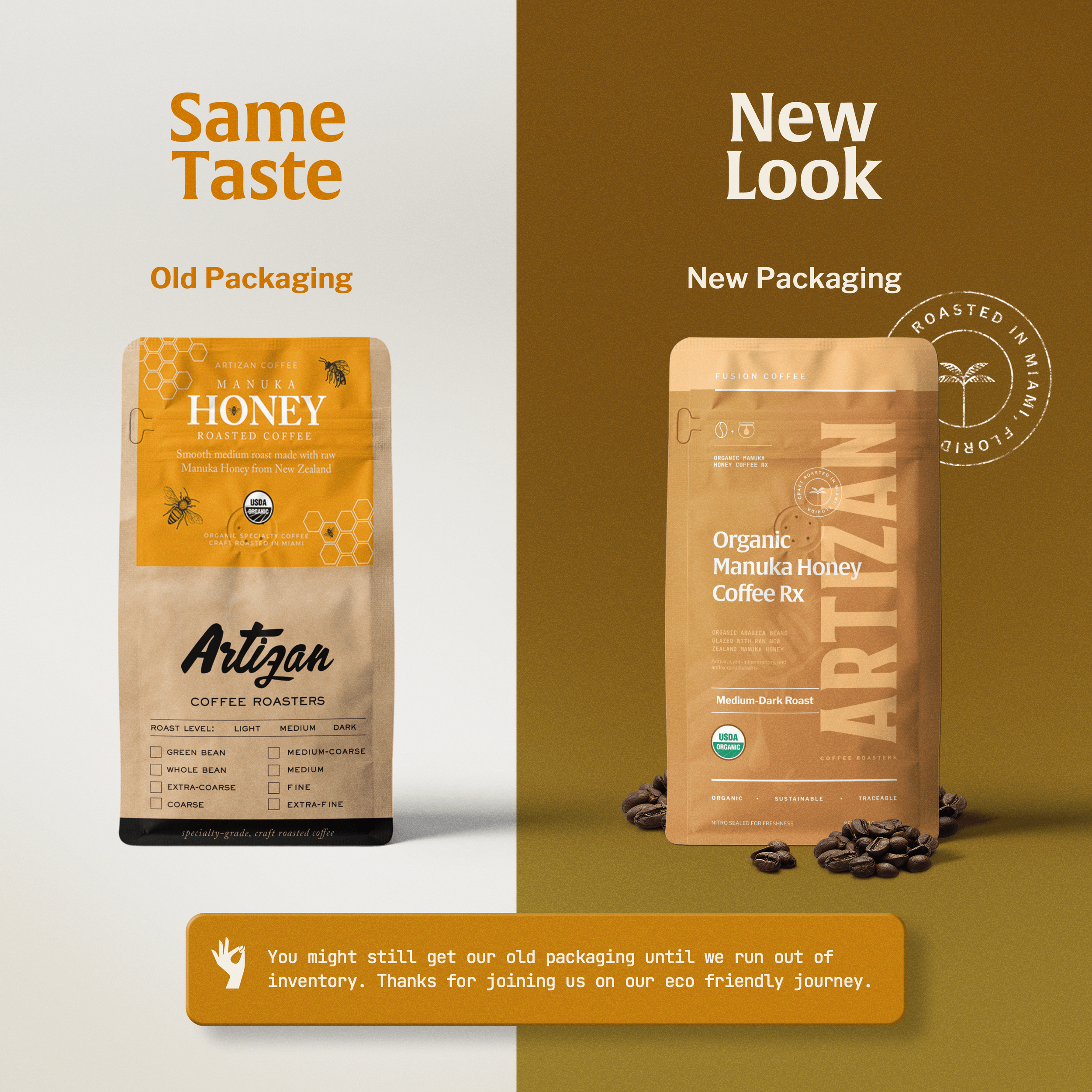 Image of Old and New Packaging of Organic Manuka Honey Coffee Blend Whole Bean and Ground from Artizan Coffee Roasters.