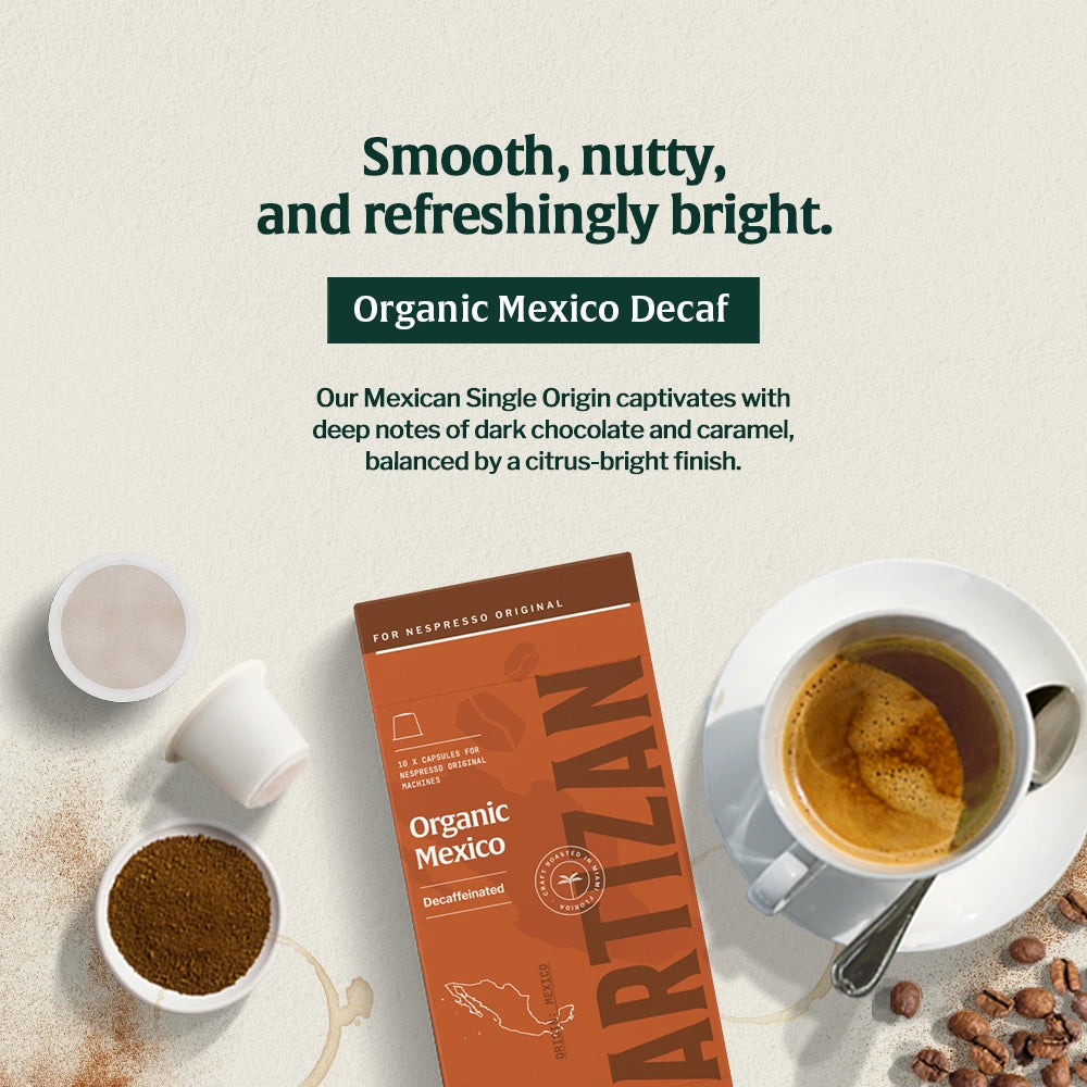 Artizan Coffee Organic Mexico Decaf – Smooth, nutty, and refreshingly bright single origin coffee. Features deep notes of dark chocolate and caramel balanced by a citrus-bright finish. Shown with a Nespresso-compatible compostable capsule, ground coffee, and espresso cup beside the Artizan Coffee box.