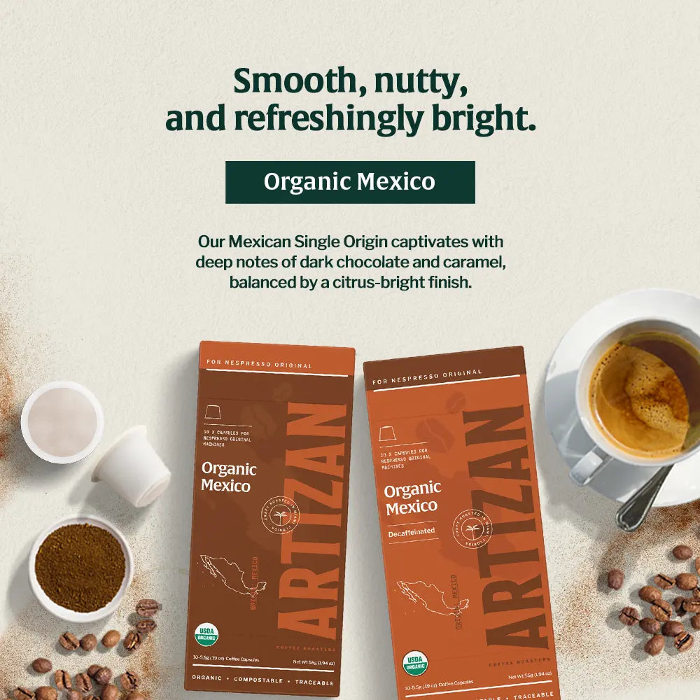 Artizan Coffee’s Organic Mexico pods with espresso cup and beans, offering smooth, nutty flavor with notes of chocolate and citrus.