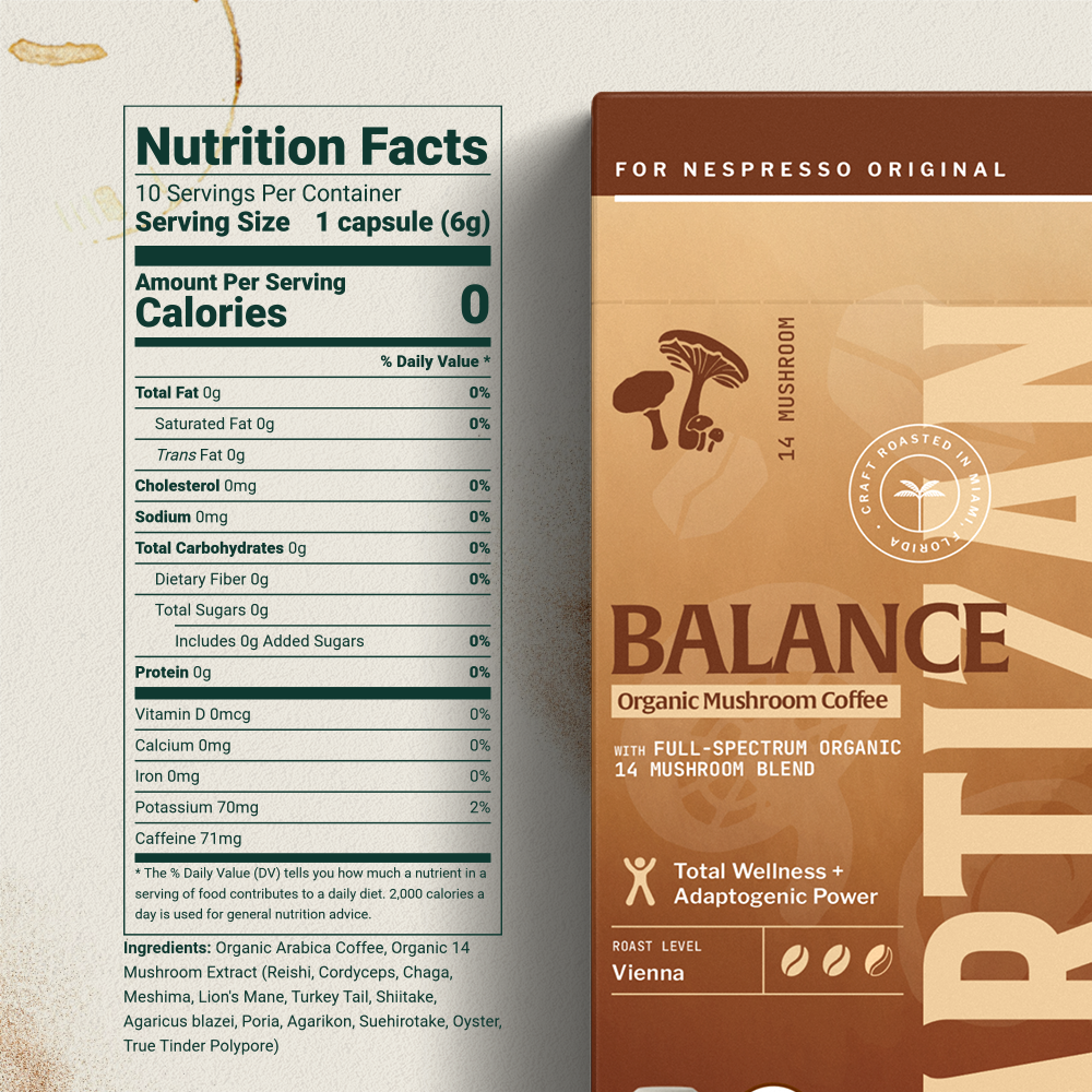 Nutrition facts label next to a box of organic mushroom coffee.