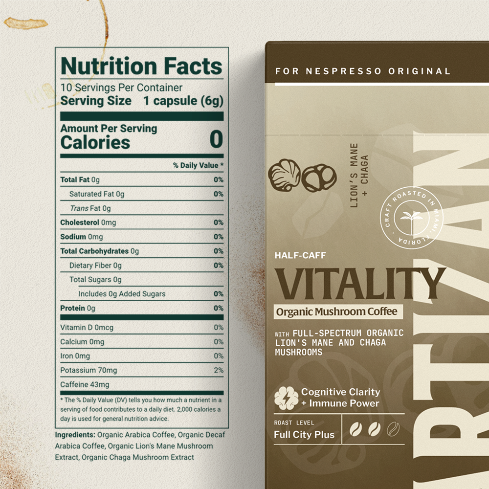 Nutrition facts panel and packaging details of Organic Lion’s Mane and Chaga Mushroom Coffee capsules.