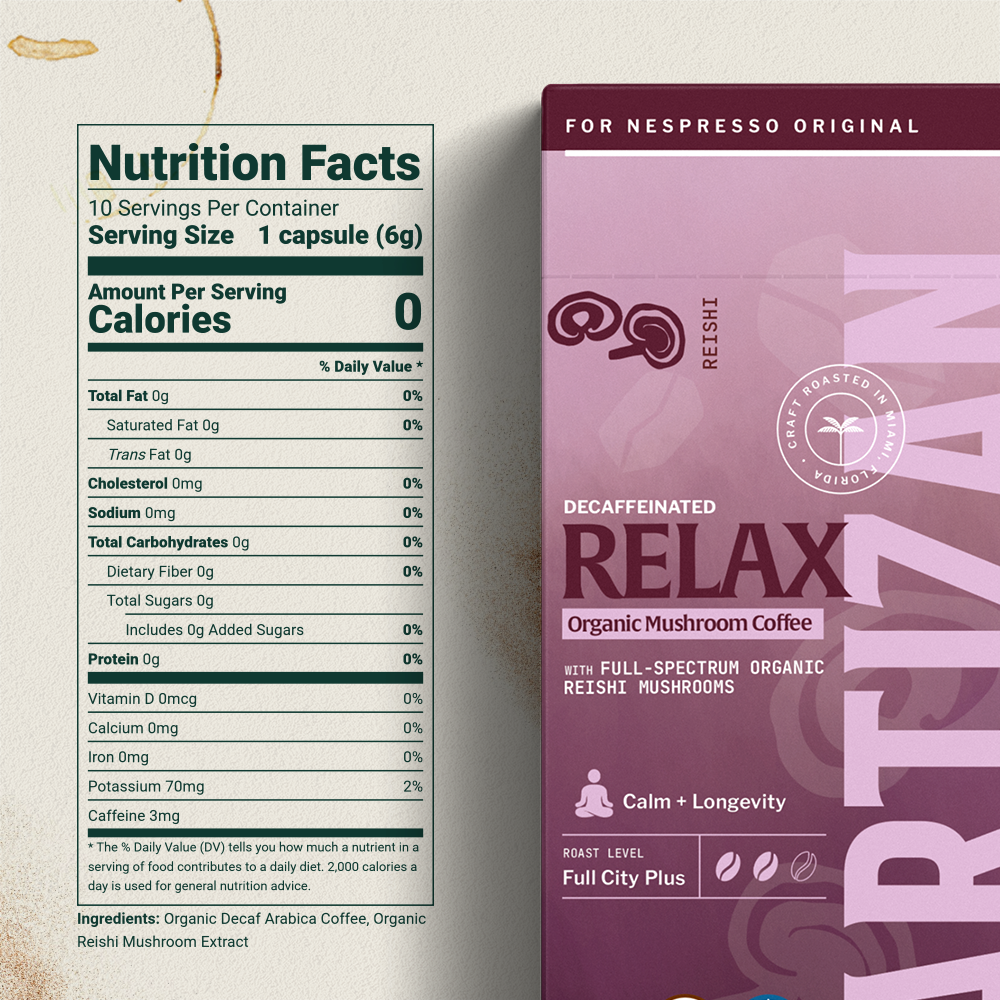 Nutrition facts and packaging of Relax Organic Mushroom Coffee for Nespresso