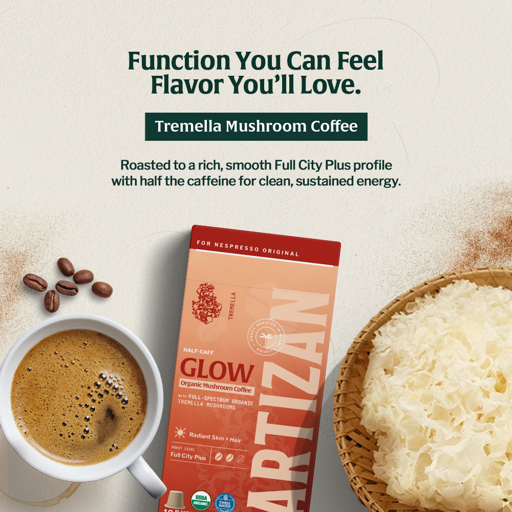 Artizan Organic Tremella Mushroom Coffee – rich Full City Plus roast with functional mushrooms for glow and vitality.