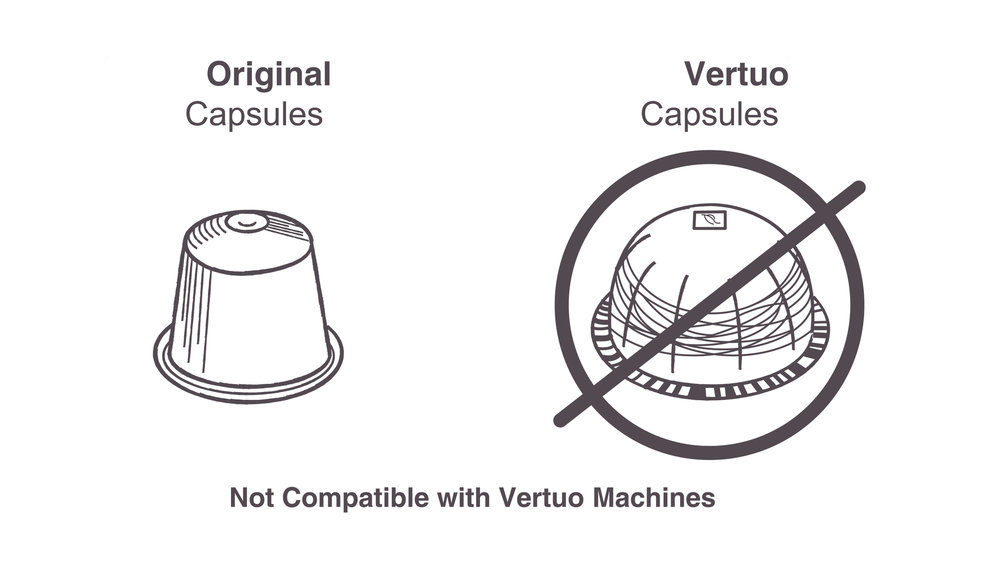 Image showing a regular Nespresso Original capsule next to a Nespresso Vertuo capsule, with text stating that Artizan Coffee Roasters' capsules are not compatible with Vertuo machines.