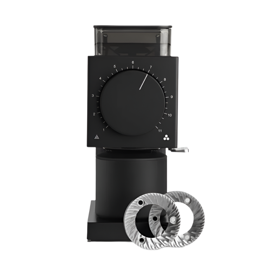 Front image of black variant Ode Brew Grinder Gen 2 with its grinding burrs