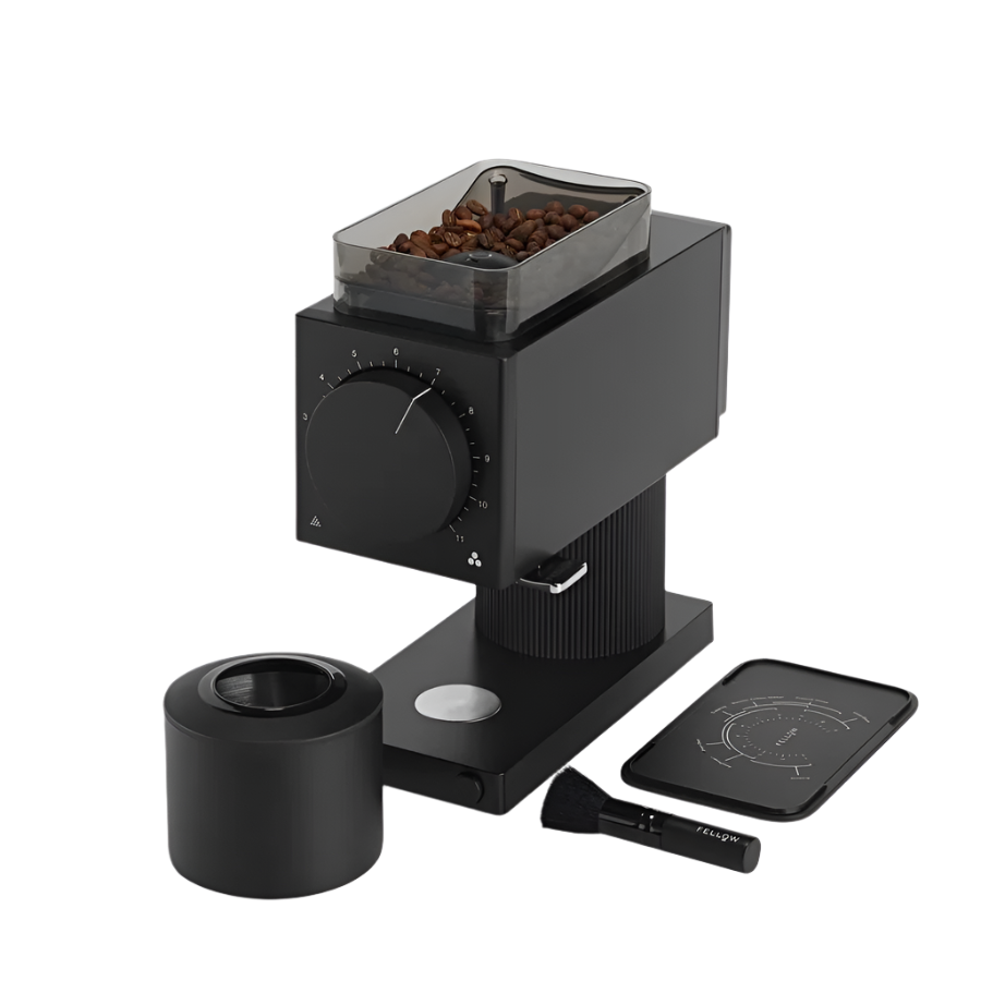 An image of black variant of Ode Brew Grinder Gen 2 and its accessories