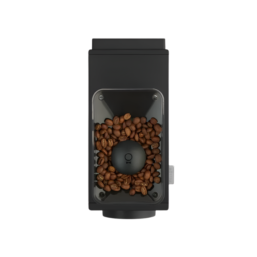Top image of black variant Ode Brew Grinder Gen 2 showing where to put the coffee beans