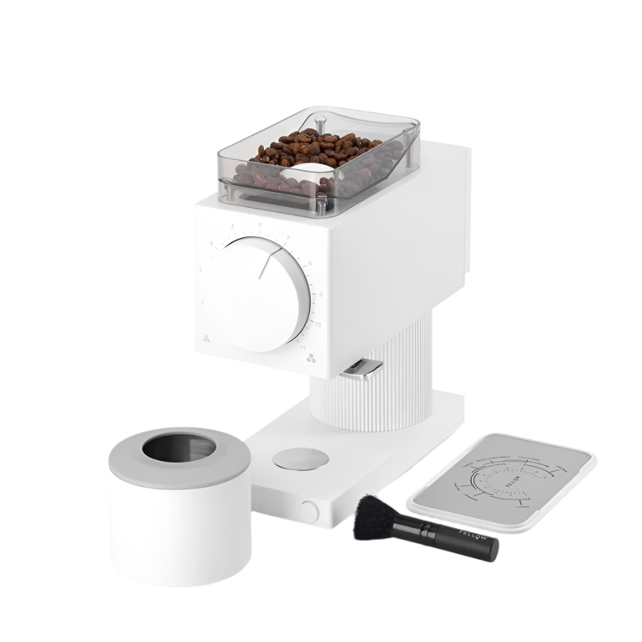 An image of white variant Ode Brew Grinder Gen 2 with its accessories