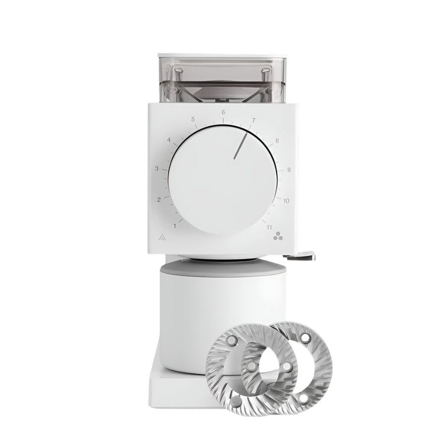 Front image of white variant Ode Brew Grinder Gen 2 with grinding burrs