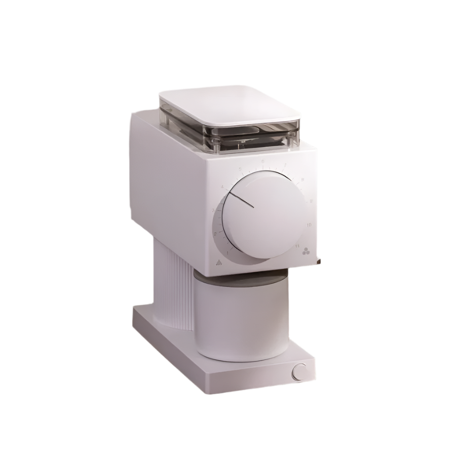 Angled Front image of white variant Ode Brew Grinder Gen 2