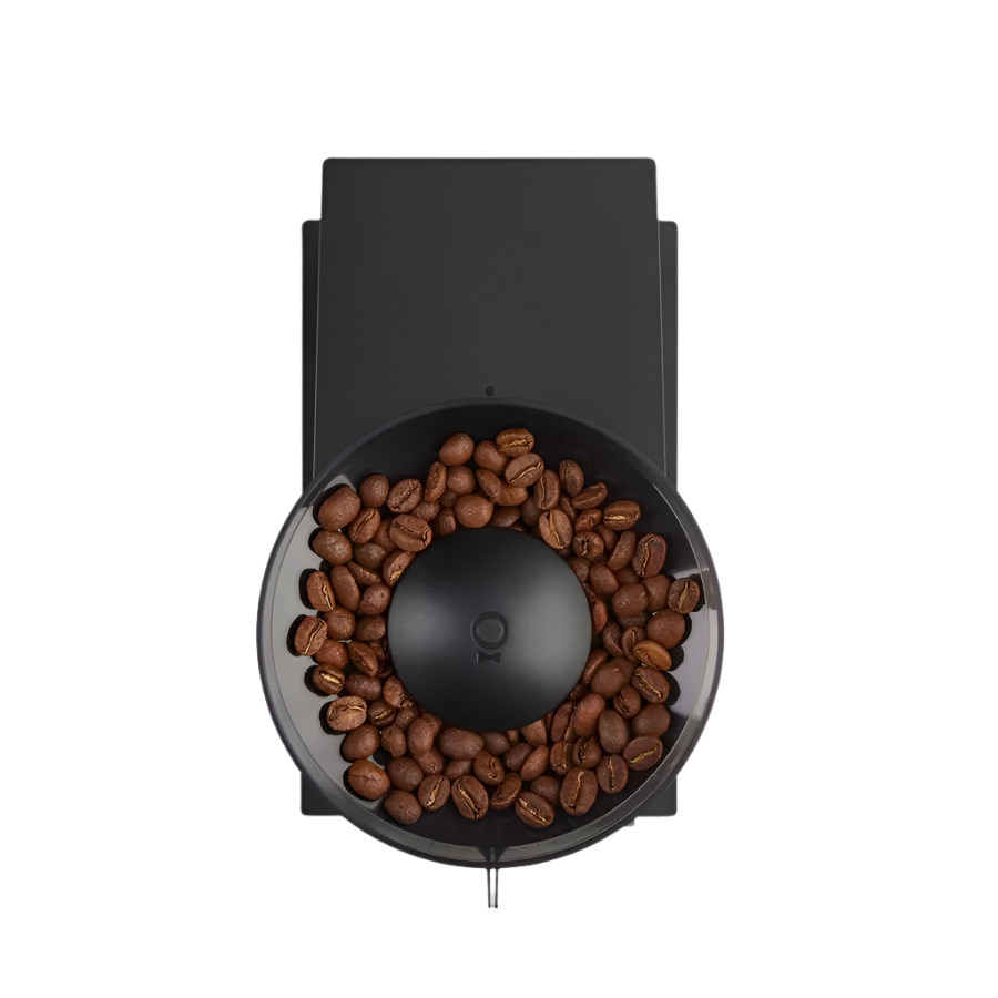 Top Image view of black variant Opus Conical Burr Grinder with coffee beans on the the hopper