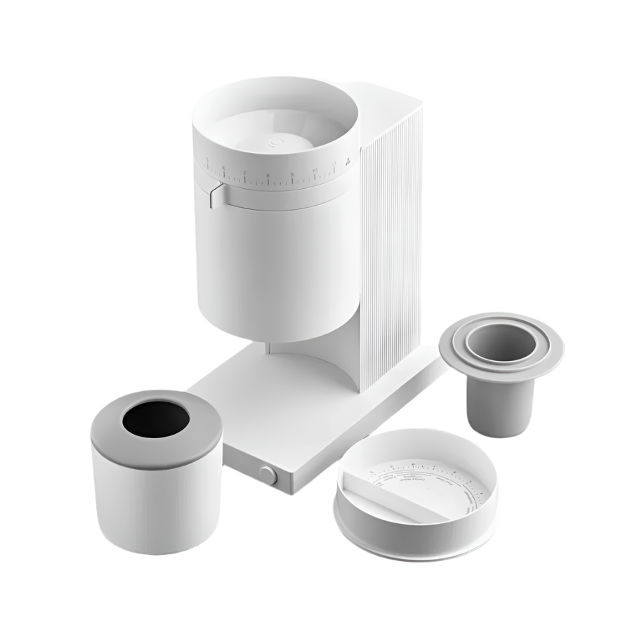 An image of white variant Opus Conical Burr Grinder showing some accessories