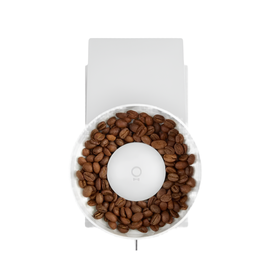 Top image of white variant Opus Conical Burr Grinder with coffee beans on hopper