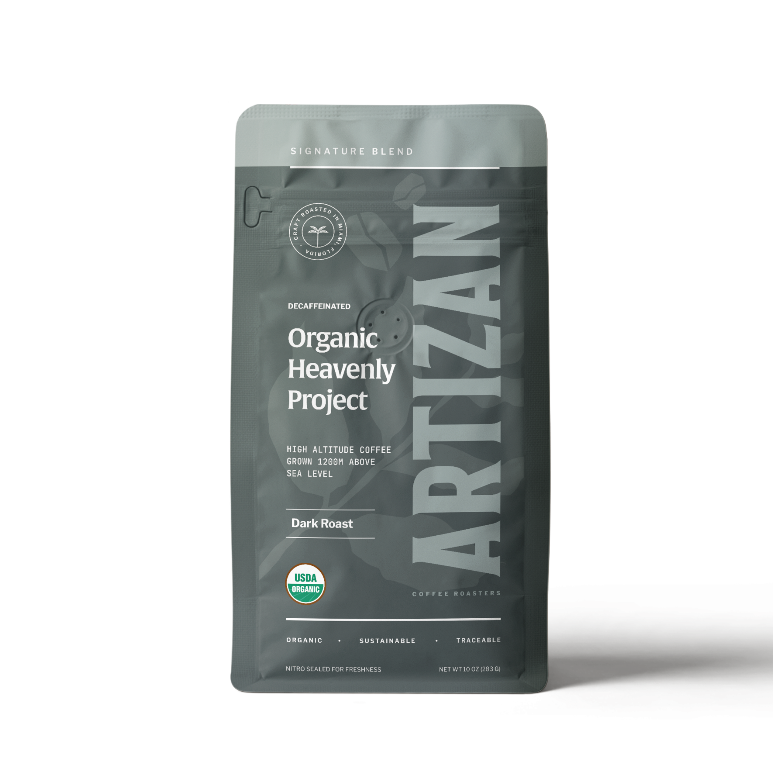 Image of the New Packaging of Organic Heavenly Project Whole Bean and Ground Coffee.