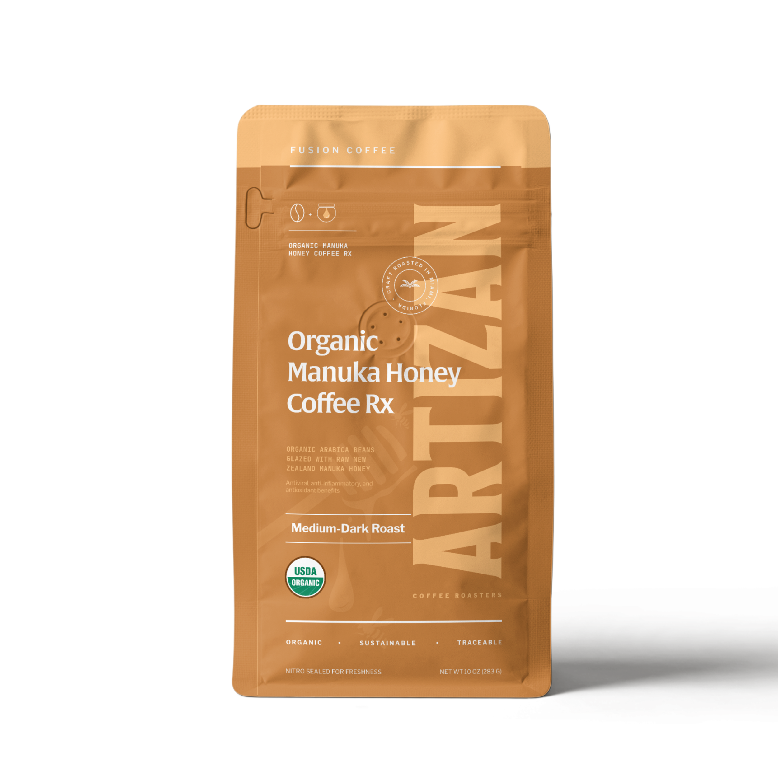 Image of the New Packaging of Organic Manuka Honey Coffee Blend Whole Bean and Ground.