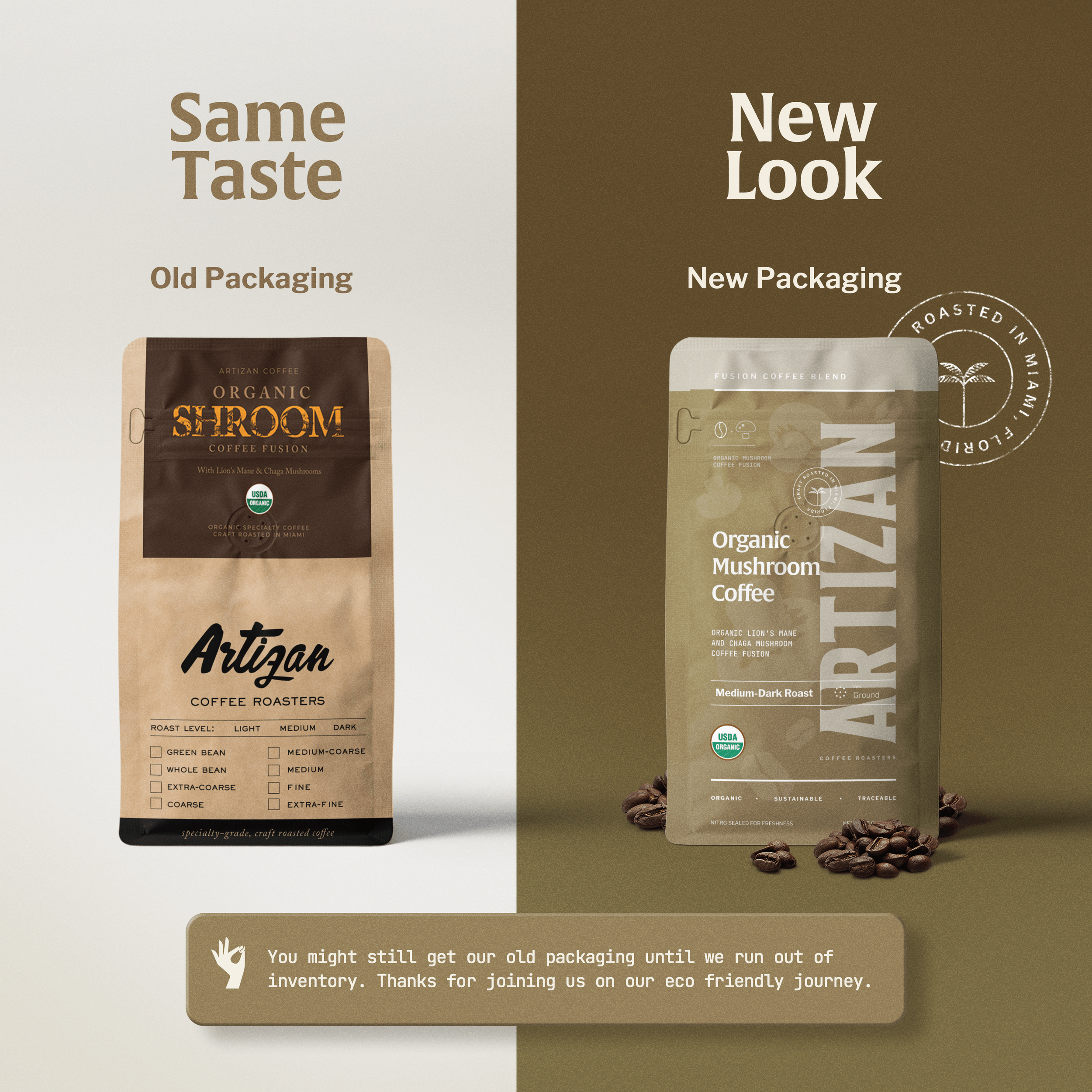 Image of Old and New Packaging of Organic Mushroom Coffee Whole Bean and Ground from Artizan Coffee Roasters.