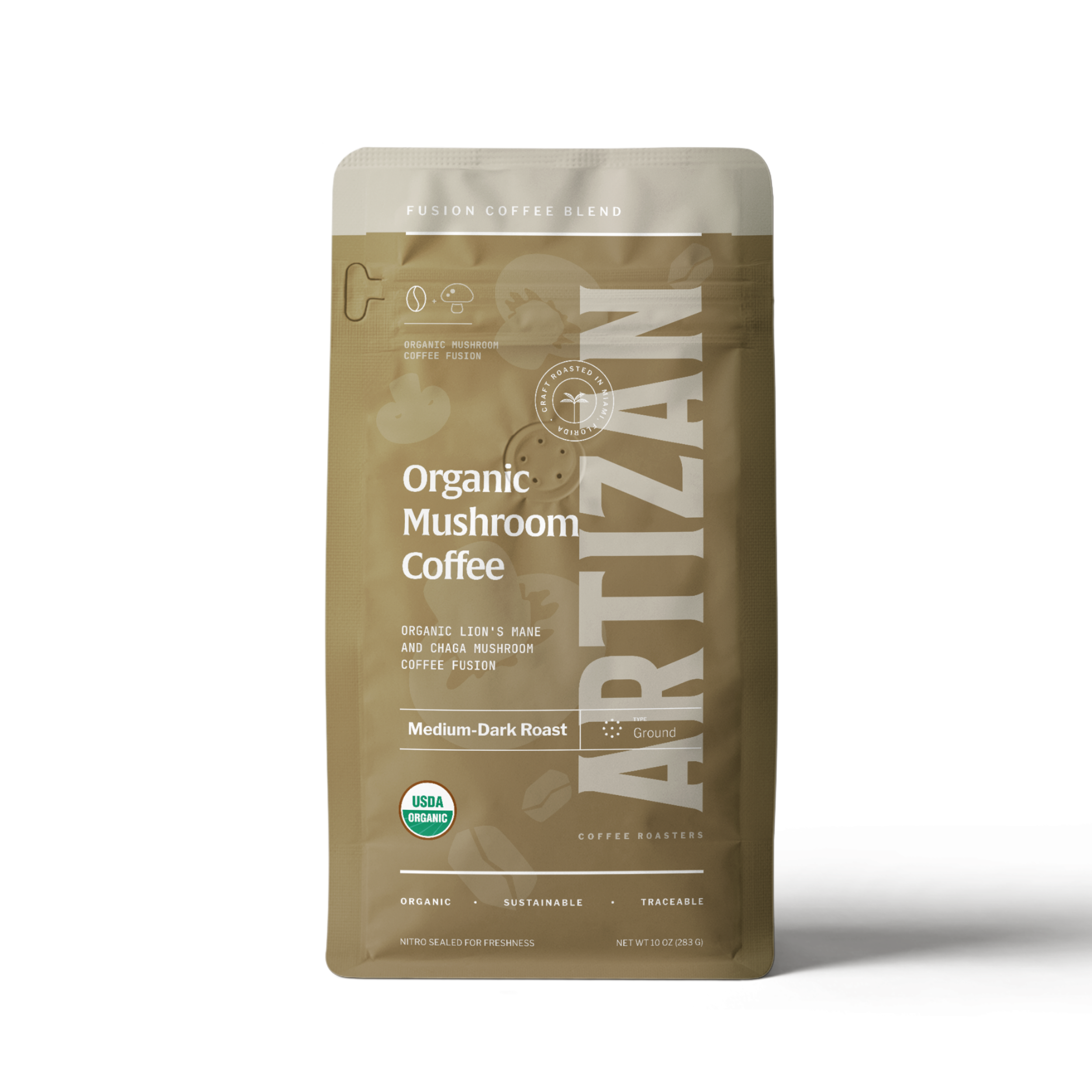 Image of the New Packaging of Organic Mushroom Coffee Lion's Mane and Chaga Whole Bean and Ground Coffee from Artizan Coffee Roasters.