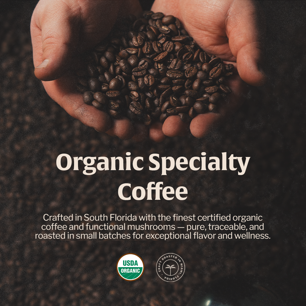 Hands holding organic coffee beans on a bed of coffee grounds with promotional text.