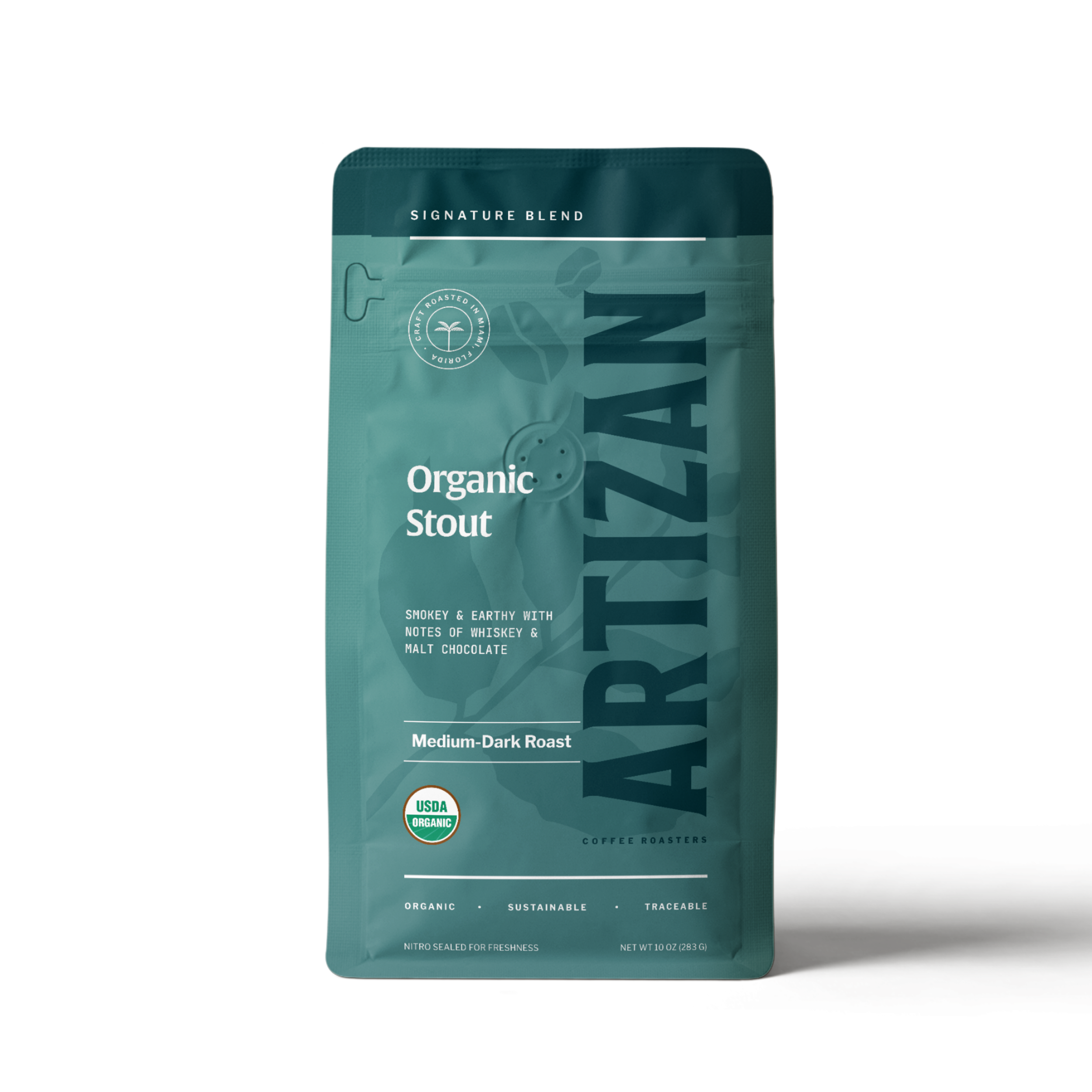 An Image of the New Organic Stout Whole Bean and Ground Coffee Bags.