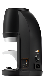 Puqpress Q2 Automatic Coffee Tamper in black finish, back angled view highlighting modern design.