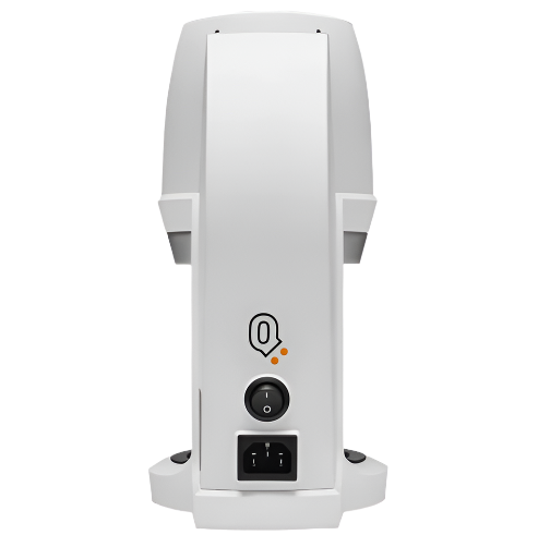 Rear view of Puqpress Q2 Automatic Coffee Tamper in white, showing back panel and cable connection.