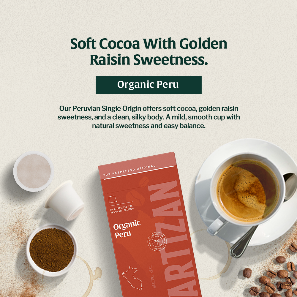 Organic Peru Coffee – Single Origin with soft cocoa, golden raisin sweetness, smooth and balanced flavor.