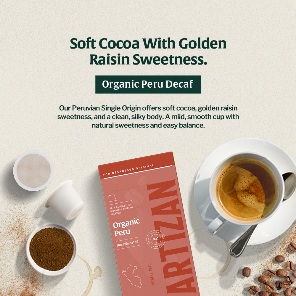 Organic Peru Decaf Coffee – Swiss Water Process, with cocoa, golden raisin sweetness, and a smooth, balanced body.