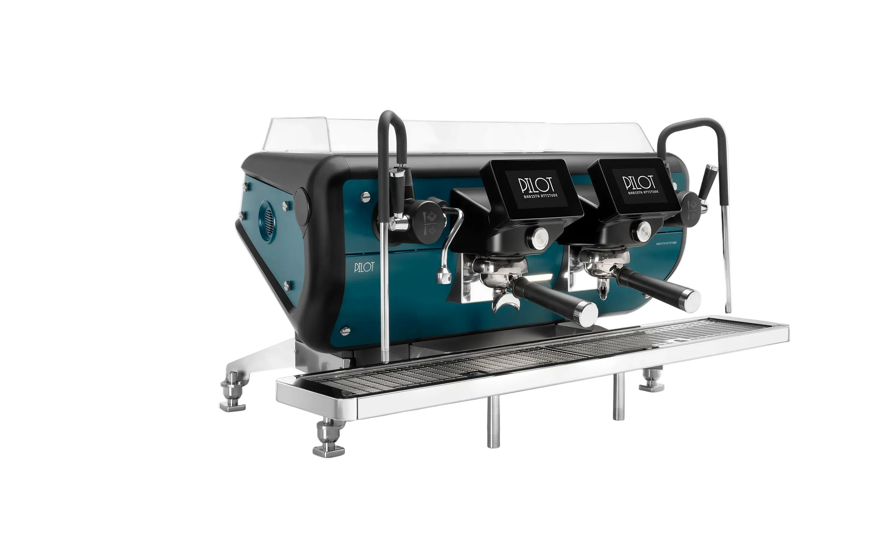 A commercial two-group espresso machine with a teal body, black side panels, dual steam wands, and angled digital displays labeled ‘PILOT Barista Attitude,’ mounted on a stainless-steel drip tray with adjustable legs.