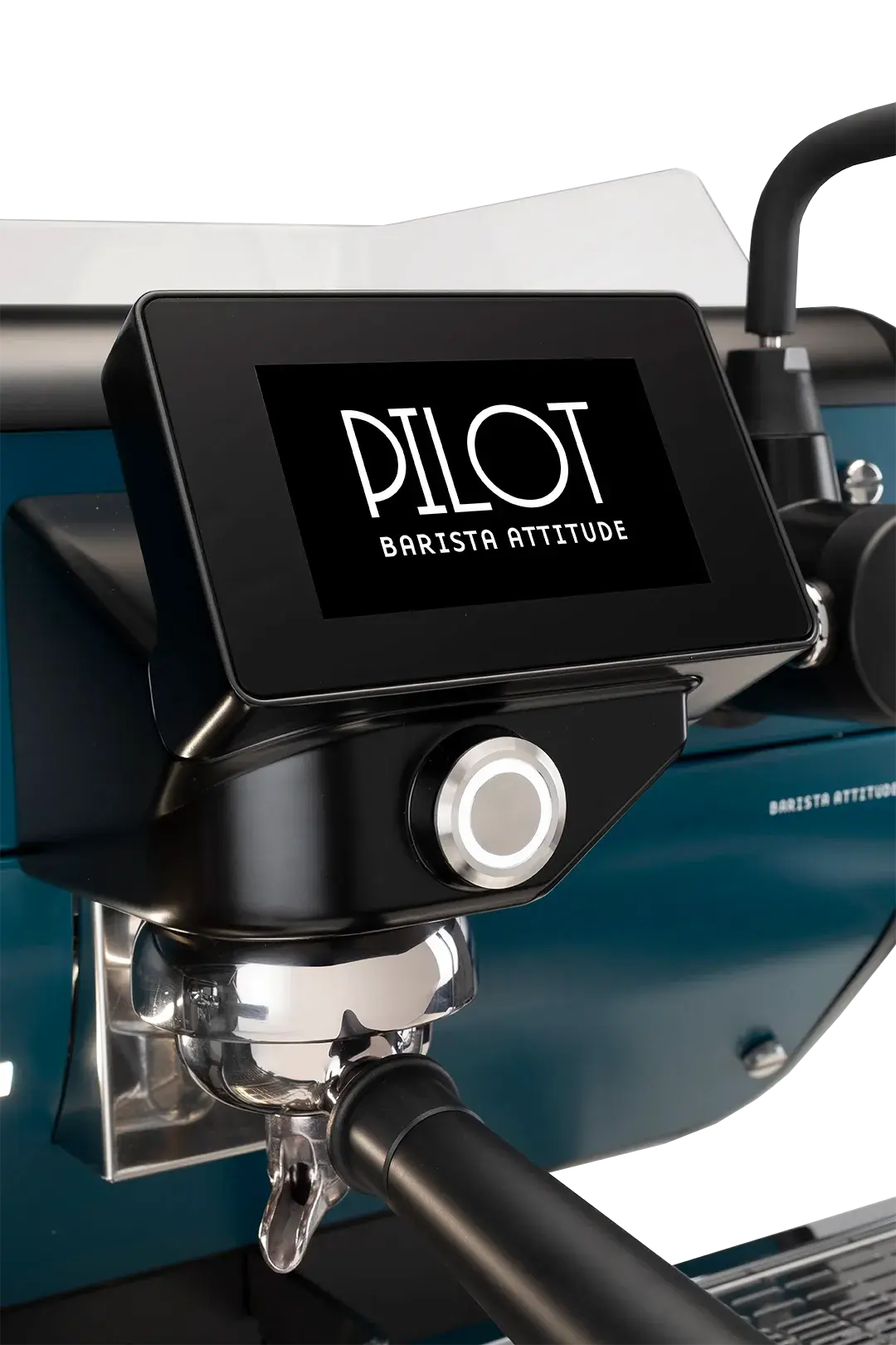 Close-up of a commercial espresso machine group head with touchscreen control displaying “Pilot Barista Attitude”